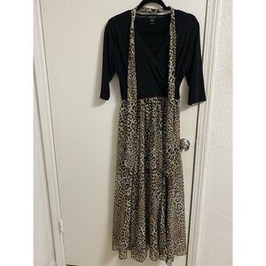 Kate & Lily Petite Medium PM Black Faux Wrap Leopard Print Maxi Dress